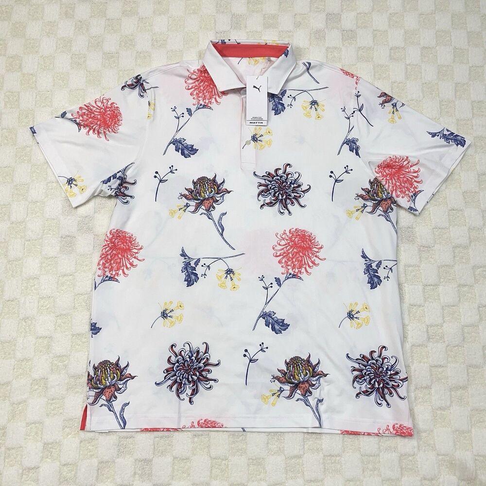 Puma Dahlia Polo Shirt Mens Size XL Stretch Golf Floral Summer Print Mattr White